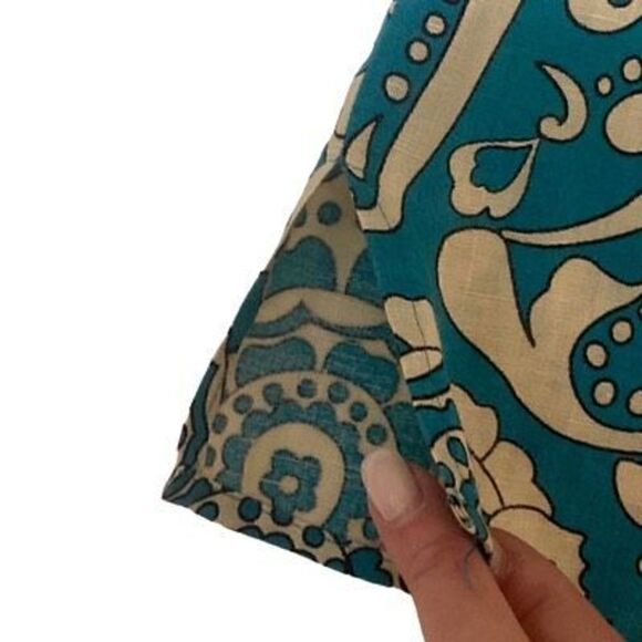 Lily Stanhope 100% Linen Turquoise and Beige Paisley Short Sleeve Blouse with Fr - Picture 8 of 10